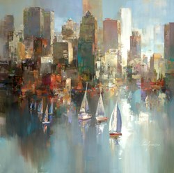 Sailing Out of the City by Wilfred - Original Painting on Box Canvas sized 30x30 inches. Available from Whitewall Galleries